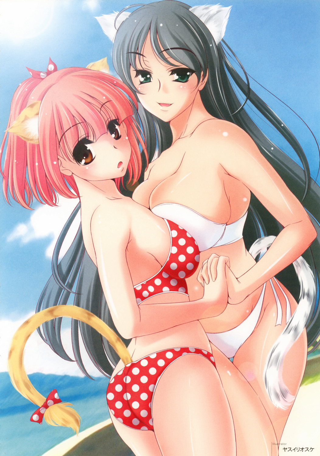 yasui riosuke, highres, scan, 2girls, animal ears, aqua eyes, ass, bare shoulders, bikini, black hair, blush, breast press, breasts, brown hair, cat ears, cat tail, cleavage, cloud, day, fang, holding hands, large breasts, long hair, multiple girls, ocean, open mouth, pink hair, short hair, sideboob, sky, strapless, strapless bikini, swimsuit, symmetrical docking, tail, very long hair, yuri