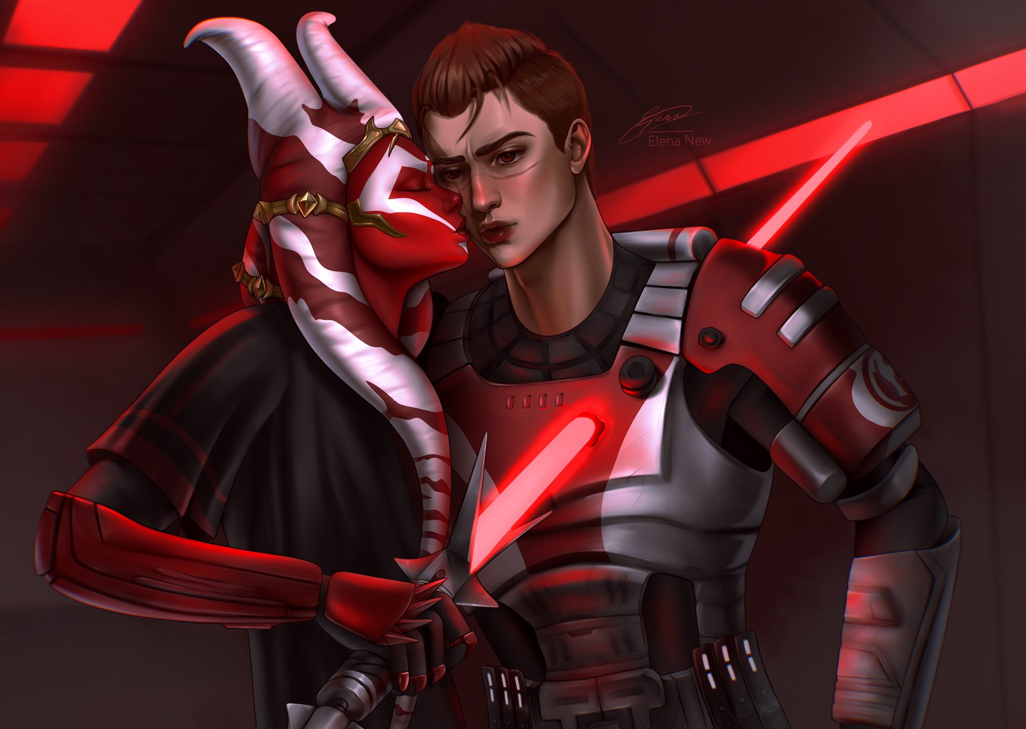 elena new art, togruta, star wars, highres, 1boy, 1girl, alien, armor, artist name, brown hair, closed eyes, energy sword, holding, holding sword, holding weapon, kiss, kissing cheek, lightsaber, red eyes, red lightsaber, short hair, signature, sword, upper body, weapon