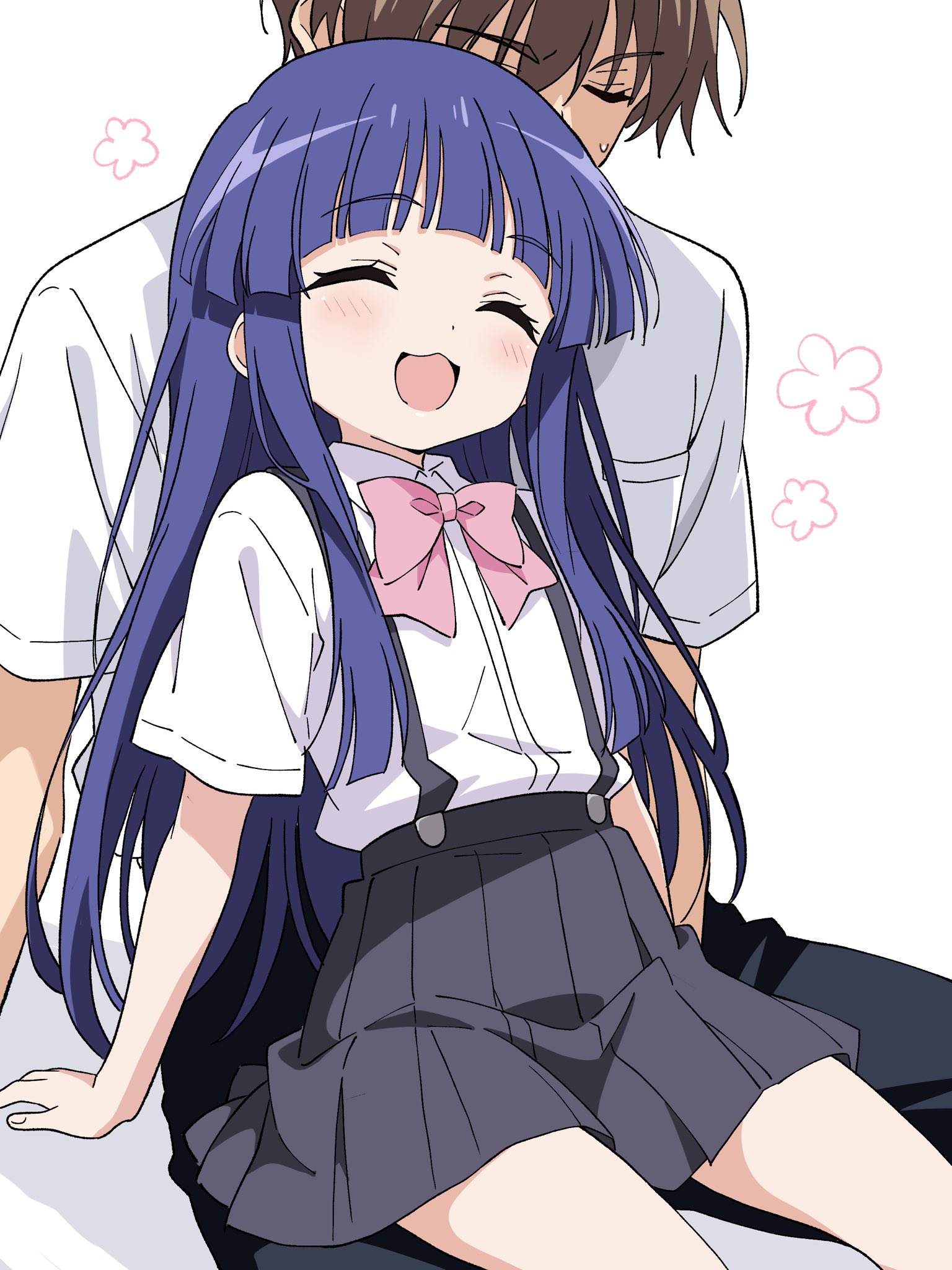 niyane, furude rika, maebara keiichi, higurashi no naku koro ni, highres, 1boy, 1girl, :d, ^ ^, black skirt, blunt bangs, blush, bow, bowtie, brown hair, closed eyes, collared shirt, dot nose, long hair, open mouth, pink bow, pink bowtie, pleated skirt, purple hair, shirt, short hair, short sleeves, simple background, sitting, skirt, smile, suspender skirt, suspenders, white background, white shirt