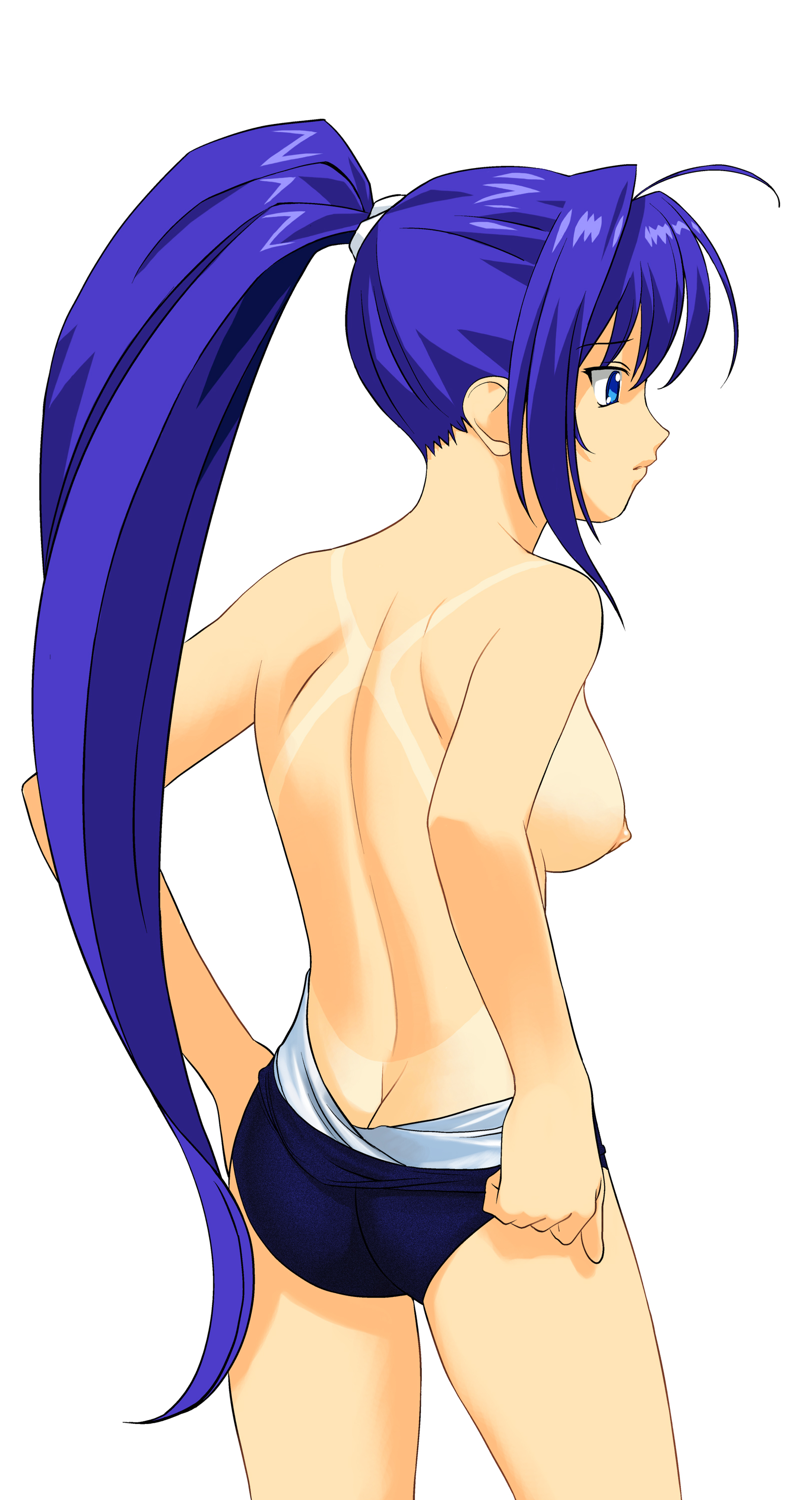 a1 (initial-g), hayase mitsuki, kimi ga nozomu eien, absurdres, highres, 00s, 1girl, ahoge, ass, back, blue eyes, blue hair, breasts, butt crack, clothes pull, female focus, flat ass, from behind, large breasts, long hair, matching hair/eyes, nipples, one-piece swimsuit pull, one-piece tan, ponytail, profile, pulling own clothes, simple background, solo, swimsuit, tan, tanline, topless female, undressing, white background