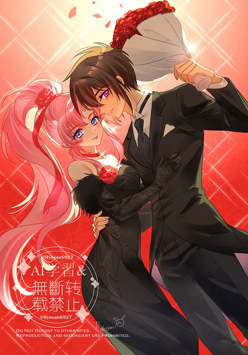 tsuna2727, kira yamato, lacus clyne, gundam, gundam seed, gundam seed freedom, 1boy, 1girl, bare shoulders, black dress, black suit, blue eyes, blush, bouquet, breasts, brown hair, couple, dress, flower, formal clothes, hair ornament, hetero, holding, jacket, long hair, looking at viewer, necktie, open mouth, pants, pink hair, ponytail, purple eyes, red flower, rose, short hair, smile, suit, suit jacket, very long hair