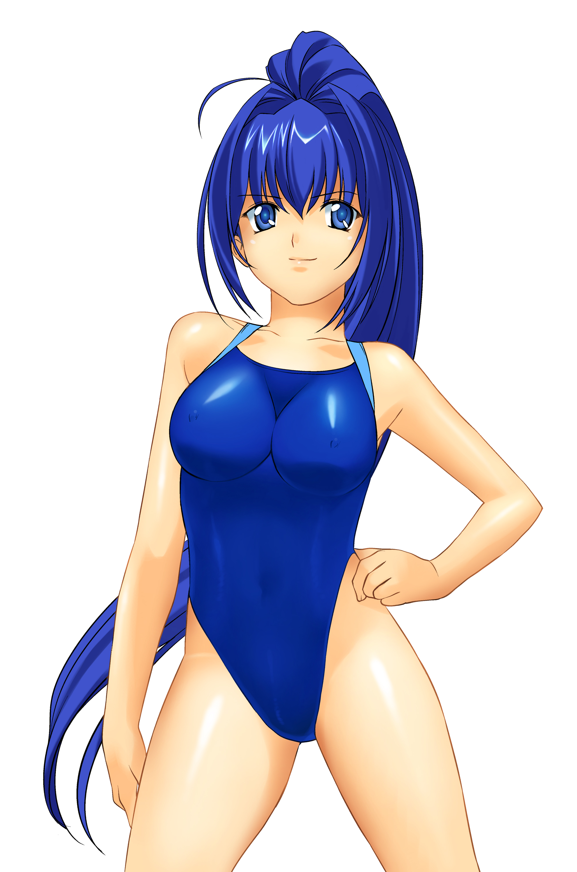 a1 (initial-g), hayase mitsuki, kimi ga nozomu eien, absurdres, highres, 00s, 1girl, ahoge, bare shoulders, blue eyes, blue hair, breasts, competition school swimsuit, covered erect nipples, female focus, hand on own hip, hip focus, long hair, matching hair/eyes, medium breasts, one-piece swimsuit, ponytail, school swimsuit, solo, standing, swimsuit