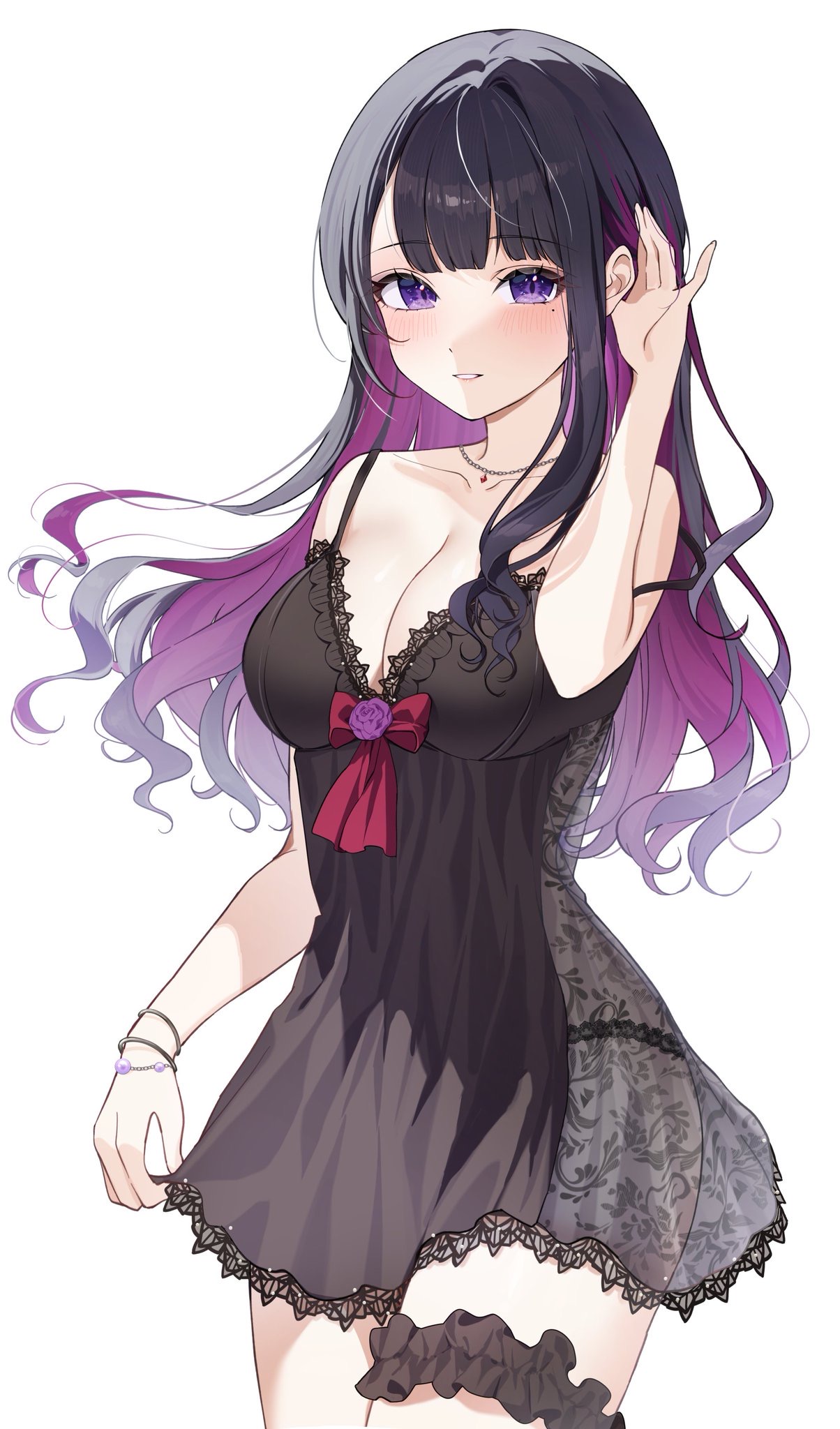 maruta (shummylass), koinoya mai, propro production, highres, second-party source, 1girl, black chemise, black hair, breasts, cleavage, collarbone, colored inner hair, flower, hair behind ear, long hair, mole, mole under eye, multicolored hair, purple eyes, purple flower, purple hair, purple rose, rose, solo, virtual youtuber, white background