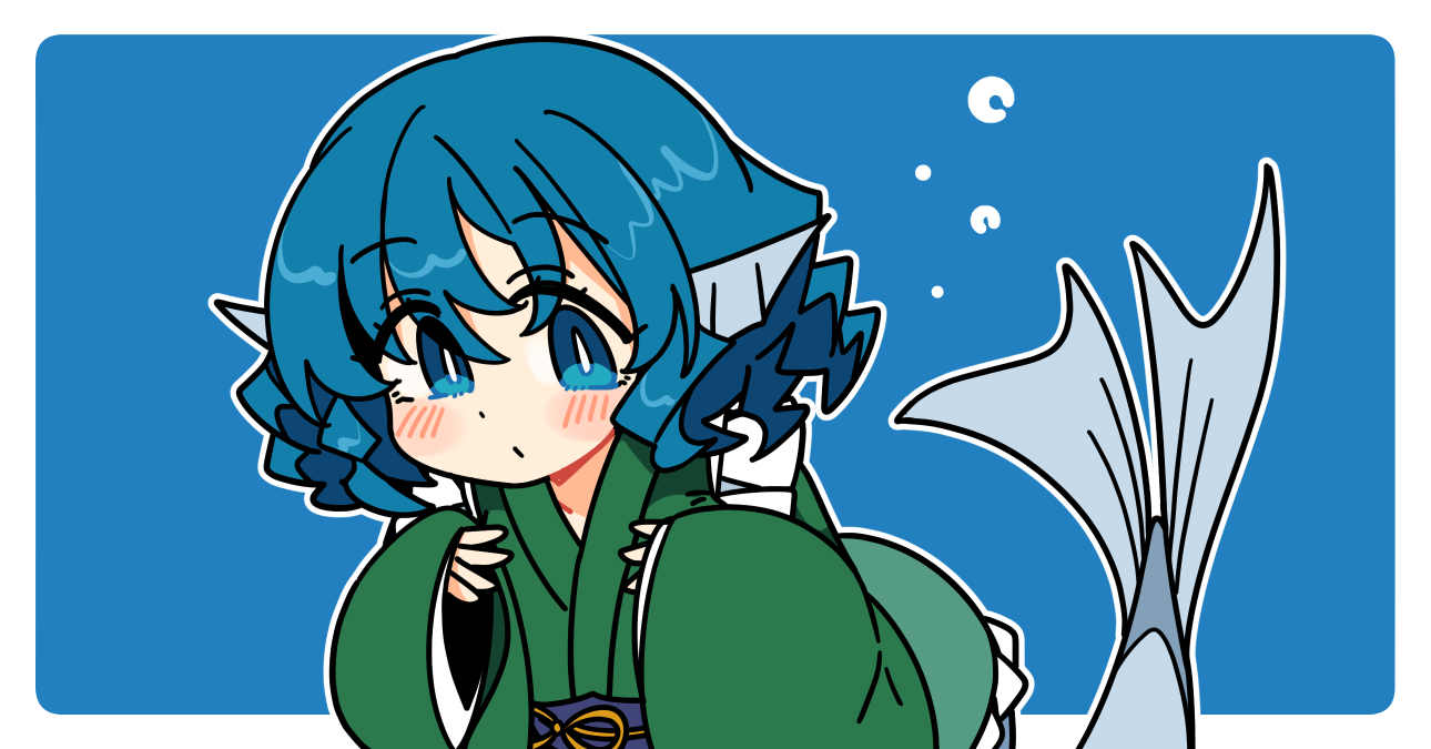 ini (inunabe00), wakasagihime, touhou, commentary, 1girl, blue background, blue eyes, blue hair, blush, border, bright pupils, closed mouth, fins, frilled kimono, frills, green kimono, head fins, japanese clothes, kimono, kneeless mermaid, looking at viewer, mermaid, monster girl, outline, outside border, short hair, simple background, solo, upper body, white border, white outline, white pupils