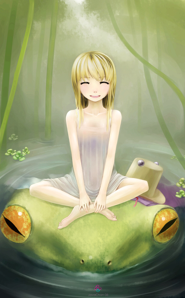 zha huache, moriya suwako, touhou, bad id, bad pixiv id, 1girl, blonde hair, female focus, forest, frog, full body, hat, nature, outdoors, plant, riding, solo
