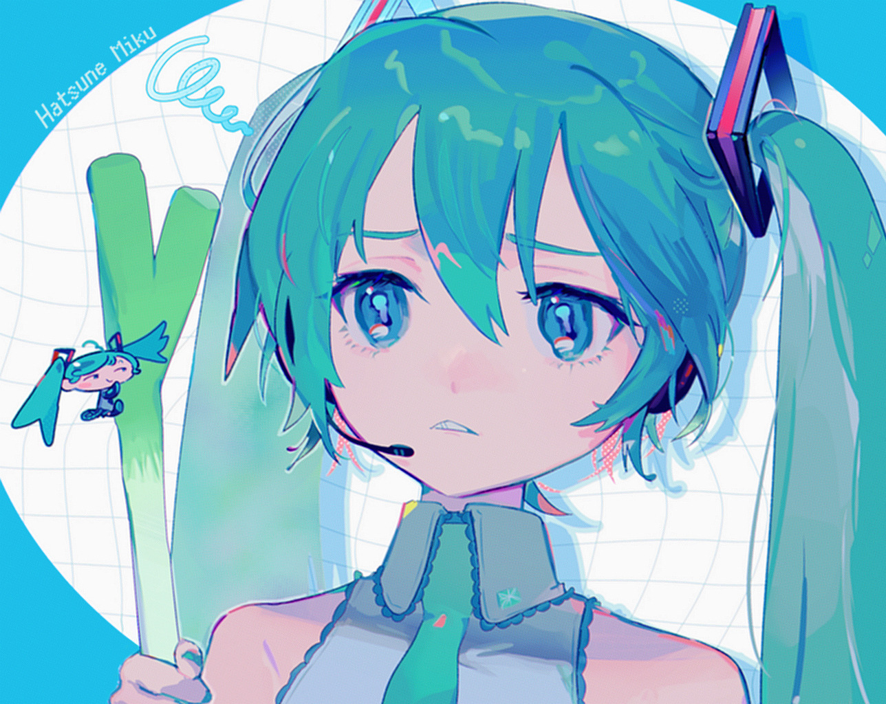 mawarusanso, hatsune miku, vocaloid, 1girl, blue eyes, blue hair, chibi, collared shirt, eyelashes, food, hair between eyes, headset, holding, holding food, holding vegetable, long hair, necktie, parted lips, shirt, sleeveless, solo, spring onion, twintails, vegetable
