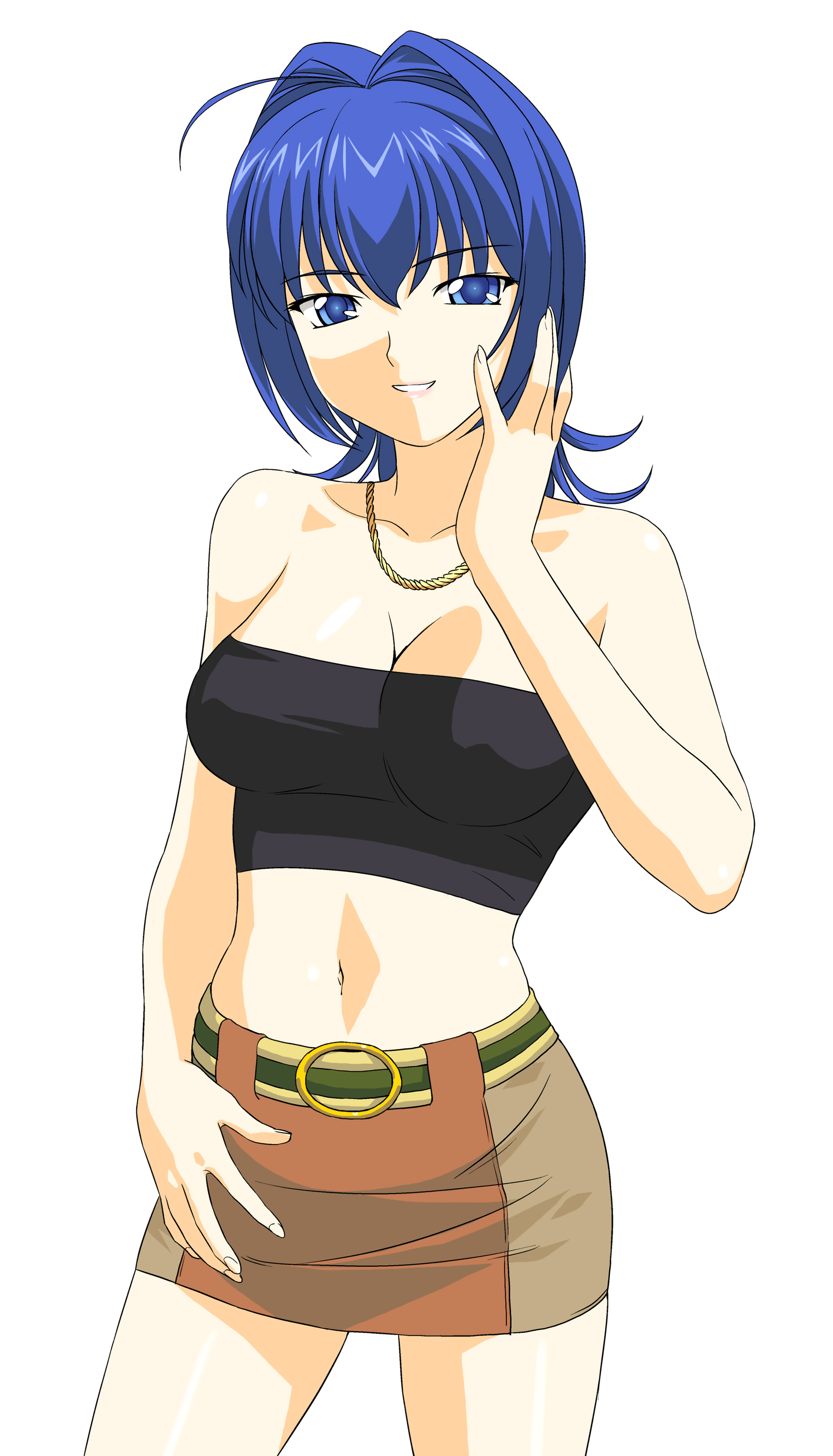 a1 (initial-g), hayase mitsuki, kimi ga nozomu eien, absurdres, derivative work, highres, vector trace, 00s, 1girl, ahoge, bare shoulders, blue eyes, blue hair, breasts, cleavage, female focus, hair intakes, large breasts, matching hair/eyes, midriff, miniskirt, navel, nipples, pencil skirt, short hair, simple background, skirt, smile, solo