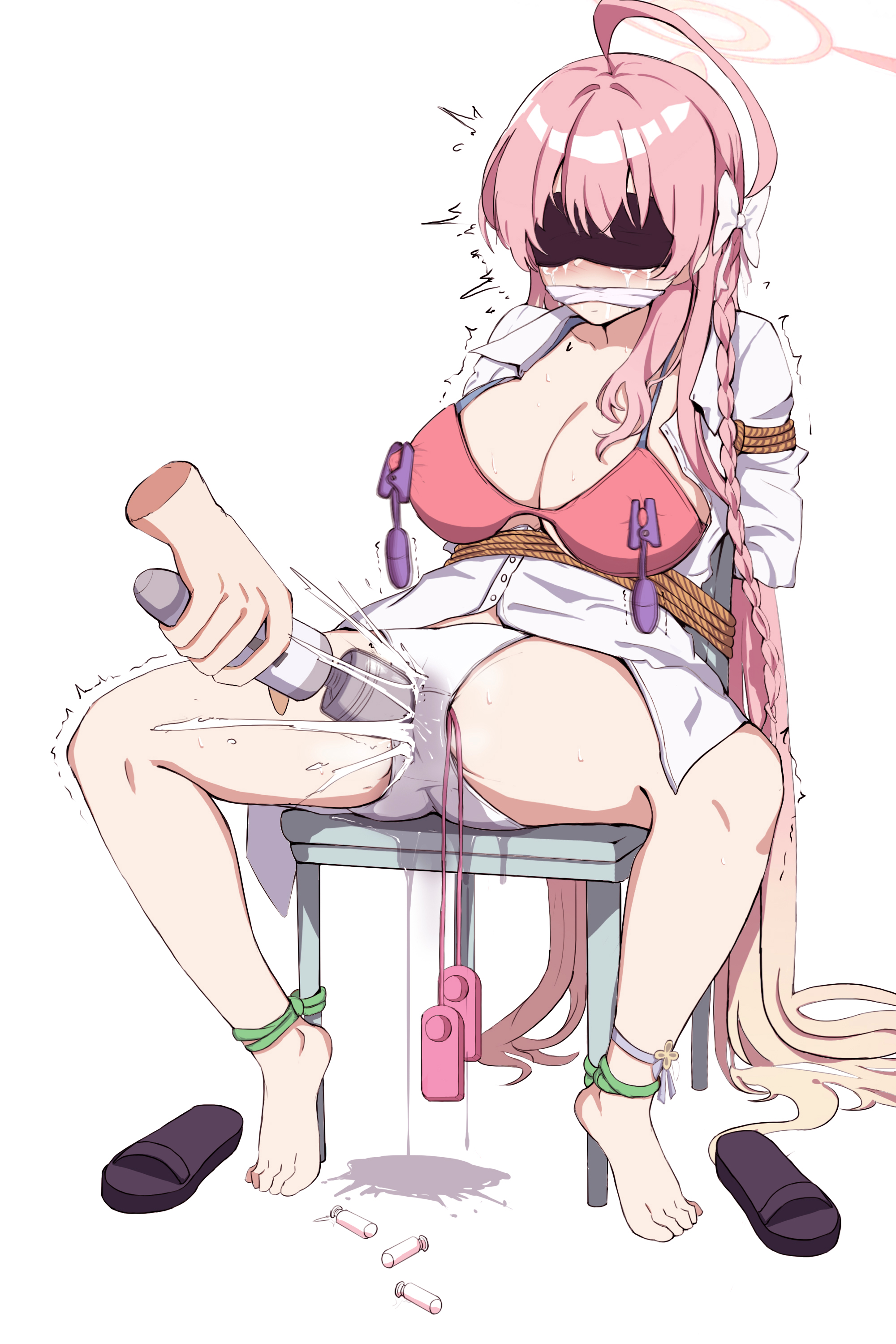 mimoun, hanako (blue archive), blue archive, absurdres, highres, 1boy, 1girl, barefoot, bound, breasts, female ejaculation, forced orgasm, halo, hitachi magic wand, large breasts, long hair, orgasm, pink hair, pink halo, restrained, sex toy, simple background, sitting, stationary restraints, swimsuit, tied up (nonsexual), vibrator, white background