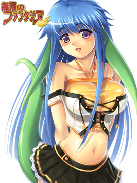 ikeda yasuhiro, mugen no fantasia, lowres, animal ears, bare shoulders, blue hair, blush, breasts, corset, front-tie top, huge breasts, lace up front, large breasts, long hair, midriff, miniskirt, navel, purple eyes, simple background, skirt, solo, tail