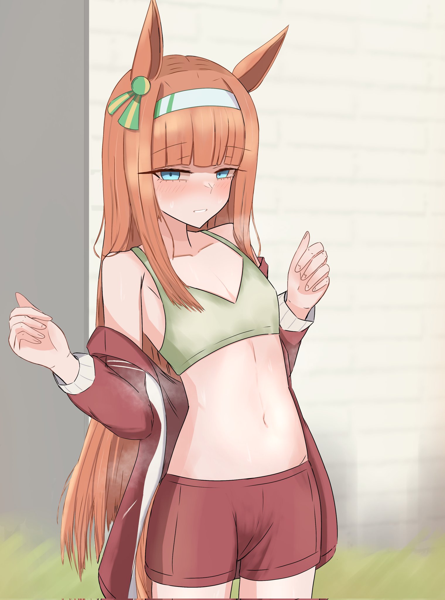 silence suzuka (umamusume), umamusume, highres, 1girl, animal ears, bare shoulders, blue eyes, blunt bangs, blush, flat chest, green sports bra, hairband, horse ears, horse girl, horse tail, jacket, looking at viewer, navel, open clothes, open jacket, orange hair, parted lips, red jacket, red shorts, shorts, solo, sports bra, stomach, tail, tomatoidaphne, white hairband