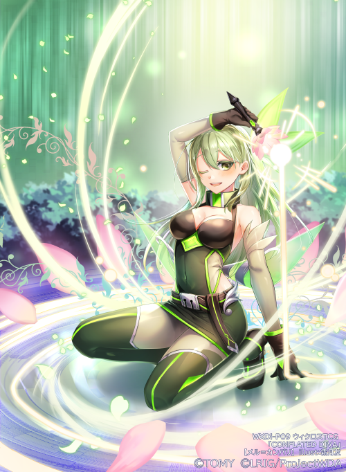 ori simo, mel (wixoss), wixoss, official art, 1girl, arm up, bare shoulders, black gloves, black shoes, breasts, cleavage cutout, clothing cutout, colored eyelashes, copyright notice, covered navel, detached sleeves, dress, gloves, green dress, green eyes, green hair, green pantyhose, green trim, holding, kneeling, light particles, long hair, one eye closed, open mouth, pantyhose, petals, shoes, solo, teeth, upper teeth only