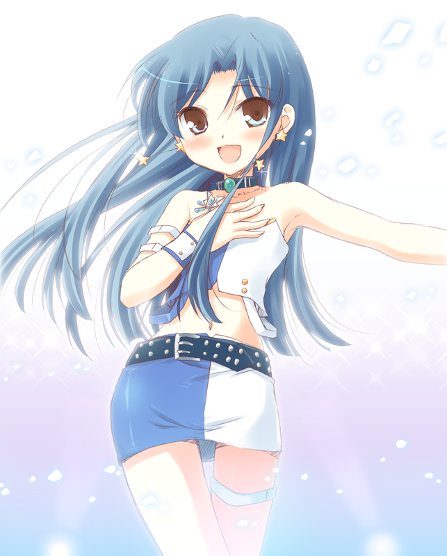 komi zumiko, kisaragi chihaya, idolmaster, idolmaster (classic), 00s, 1girl, belt, blue hair, cool & sexy (idolmaster), female focus, long hair, miniskirt, pencil skirt, skirt, solo