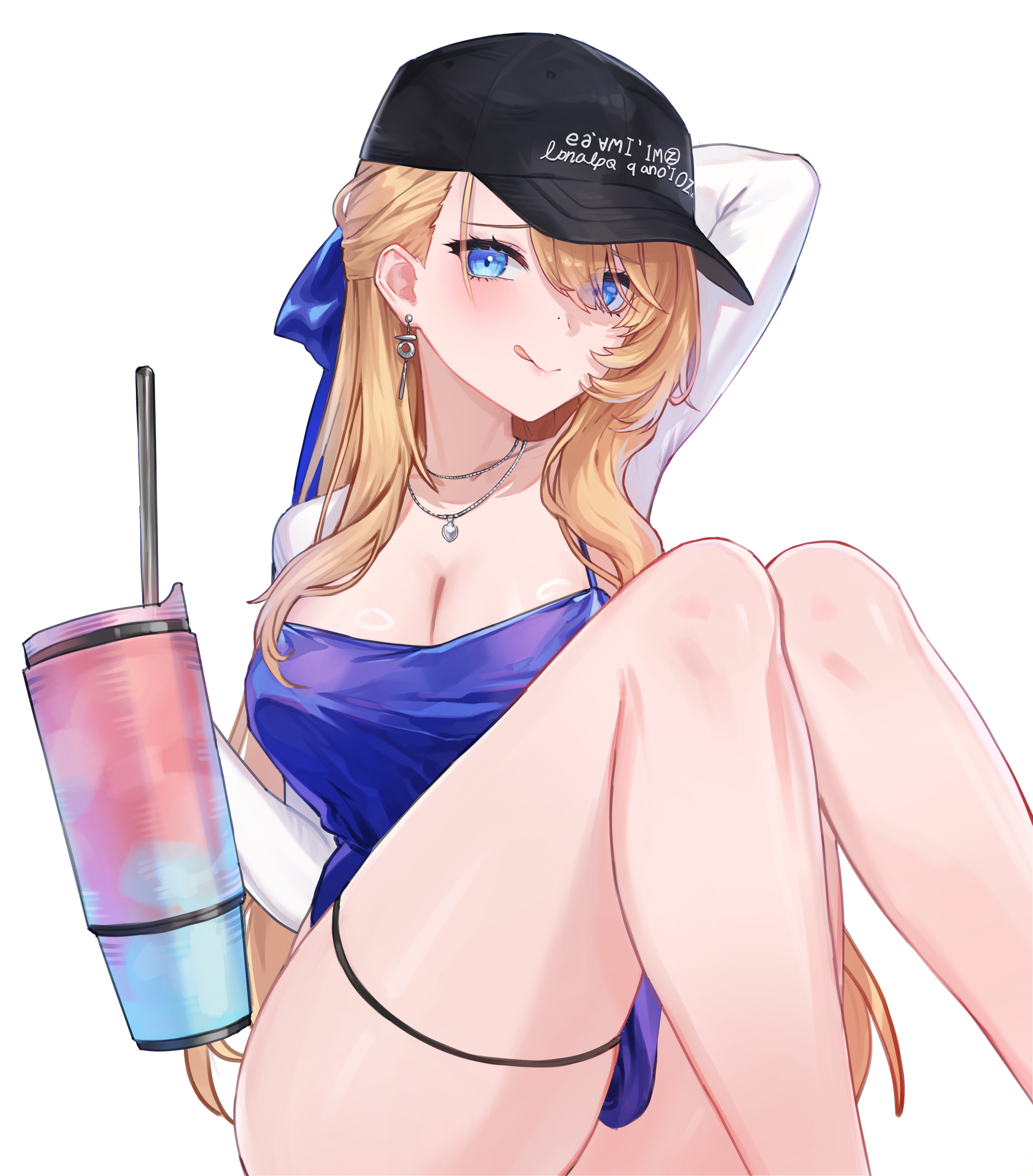 wilhelmina (brown dust), wilhelmina (water park queen) (brown dust), brown dust (series), brown dust 2, absurdres, commentary, highres, korean commentary, 1girl, arm up, baseball cap, black hat, blonde hair, blue dress, blue eyes, blue ribbon, blush, breasts, cleavage, cup, dress, drinking straw, earrings, hair between eyes, hair over one eye, hair ribbon, hat, holding, holding cup, jewelry, knees up, large breasts, long hair, looking at viewer, merry wain, necklace, official alternate costume, ribbon, shrug (clothing), sidelocks, simple background, sitting, sleeveless, sleeveless dress, smile, solo, thigh strap, tongue, tongue out, very long hair, white background, white shrug