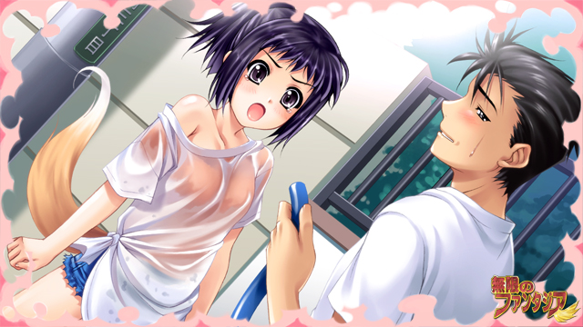 ikeda yasuhiro, mugen no fantasia, black hair, denim, denim shorts, flat chest, outdoors, ponytail, purple eyes, purple hair, see-through clothes, shirt, short hair, shorts, tail, tears, wet, white shirt