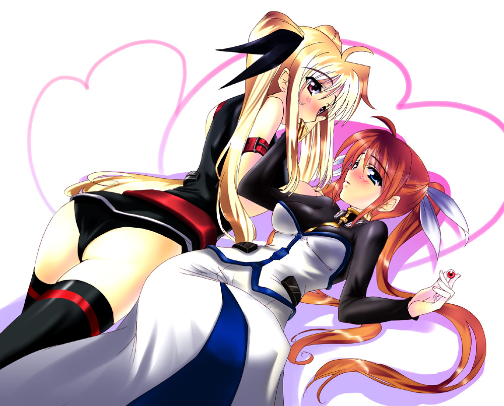 iga tamaki, bardiche (nanoha), bardiche (standby form) (nanoha), fate testarossa, fate testarossa (true sonic form), raising heart, raising heart (standby mode), takamachi nanoha, takamachi nanoha (exceed mode), lyrical nanoha, mahou shoujo lyrical nanoha, mahou shoujo lyrical nanoha strikers, 00s, 2girls, ass, blonde hair, breasts, green eyes, long hair, medium breasts, mouth hold, multiple girls, red eyes, thighhighs, twintails, very long hair