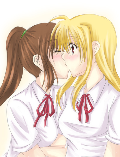 misuzu (iridescence), fate testarossa, takamachi nanoha, lyrical nanoha, mahou shoujo lyrical nanoha, mahou shoujo lyrical nanoha a's, bad id, bad pixiv id, 00s, 2girls, blonde hair, blush, closed eyes, hug, kiss, multiple girls, yuri