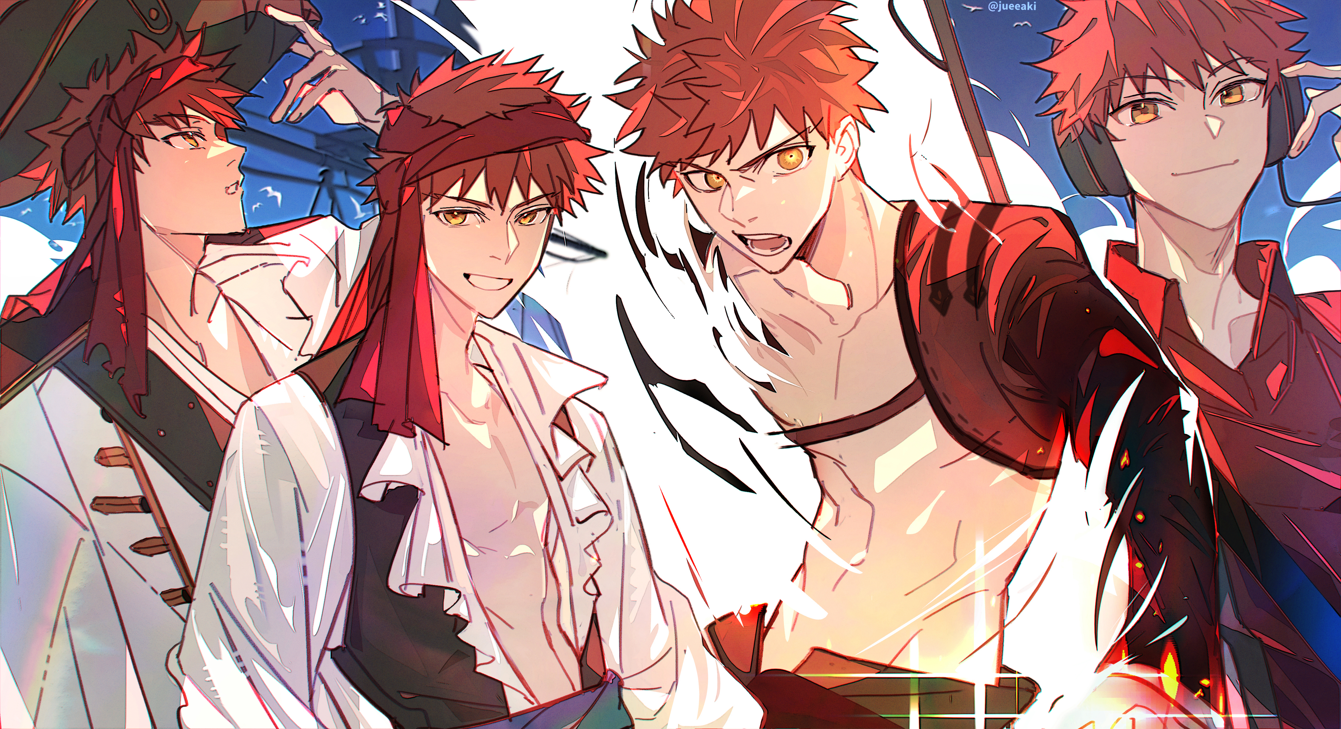 eeju, emiya shirou, senji muramasa (fate), fate/grand order, fate (series), absurdres, commentary request, highres, 1boy, adam's apple, collarbone, grin, headphones, looking at viewer, male focus, multiple views, open mouth, orange eyes, poet shirt, red hair, red shirt, shirt, short hair, smile, spiked hair, white shirt