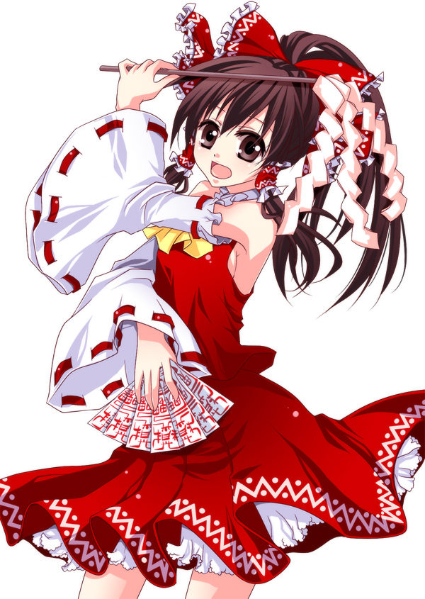 mikazuki sara, hakurei reimu, imperishable night, touhou, 1girl, bare shoulders, bow, breasts, brown eyes, brown hair, detached sleeves, female focus, japanese clothes, miko, sideboob, simple background, skirt, solo, white background