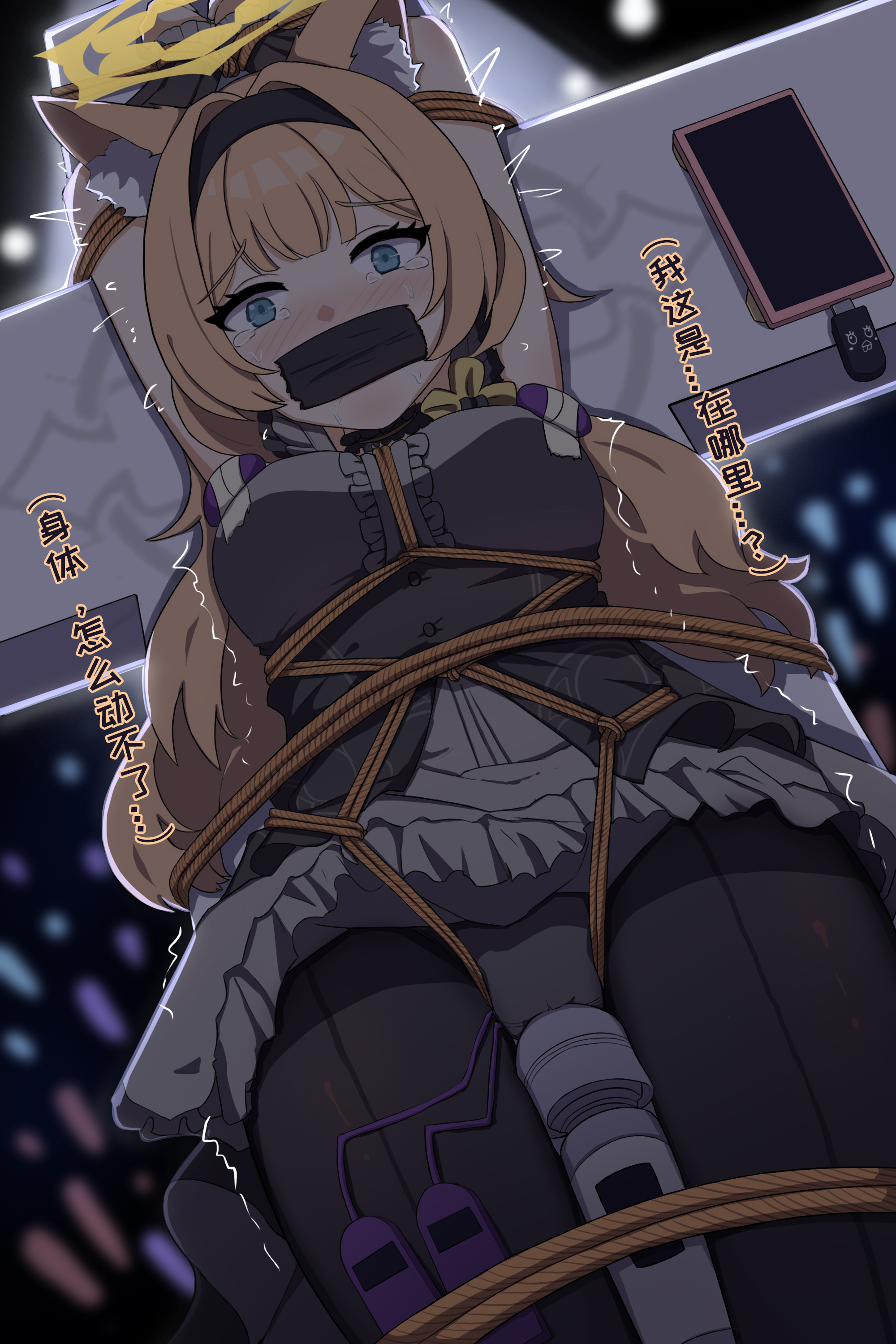 mimoun, mari (blue archive), mari (idol) (blue archive), blue archive, absurdres, highres, 1girl, animal ears, bdsm, blonde hair, blue eyes, blush, bondage, bound, breasts, halo, long hair, looking at viewer, panties, restrained, shibari, small breasts, stage, stationary restraints, tied up (nonsexual), underwear, yellow halo