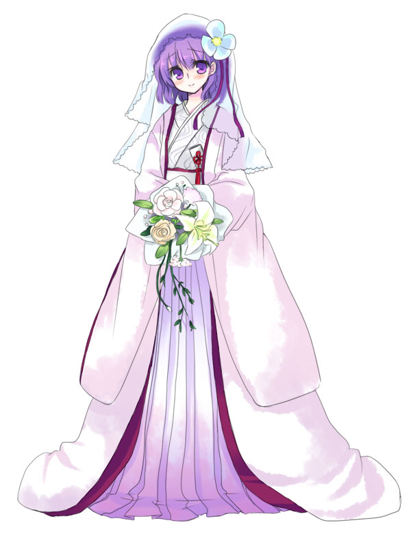 yatosaki haru, hieda no akyuu, perfect memento in strict sense, touhou, bad id, bad pixiv id, 1girl, bouquet, bridal veil, bride, dress, embarrassed, female focus, flower, japanese clothes, kimono, lily (flower), purple eyes, purple hair, rose, short hair, solo, uchikake, veil, wedding dress