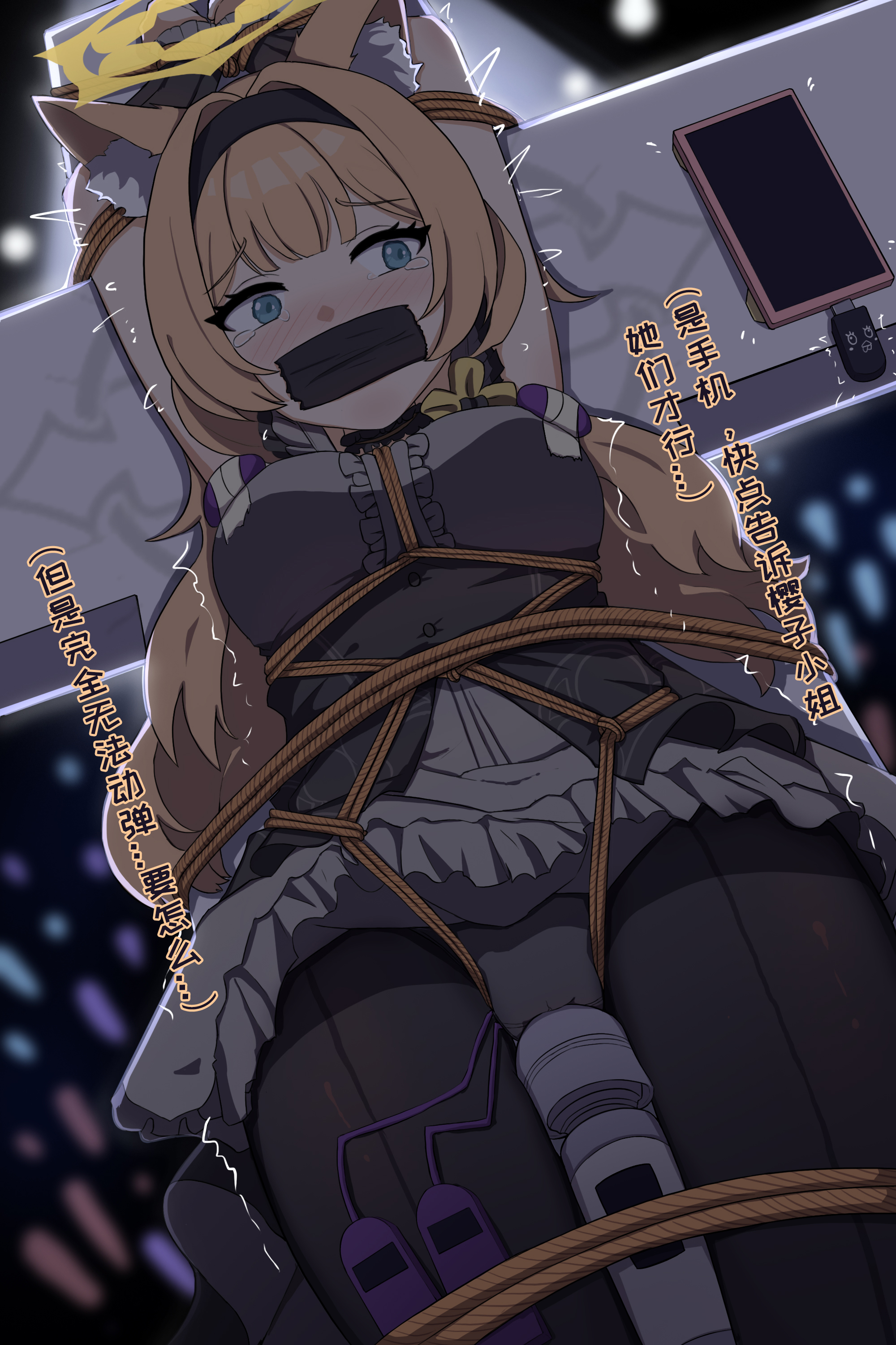 mimoun, mari (blue archive), mari (idol) (blue archive), blue archive, absurdres, highres, 1girl, animal ears, bdsm, blonde hair, blue eyes, blush, bondage, bound, breasts, halo, long hair, looking at viewer, panties, restrained, shibari, small breasts, stage, stationary restraints, tied up (nonsexual), underwear, yellow halo