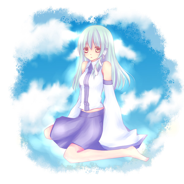 mikazuki sara, kochiya sanae, touhou, 1girl, cloud, day, female focus, full body, green hair, japanese clothes, miko, sitting, sky, solo