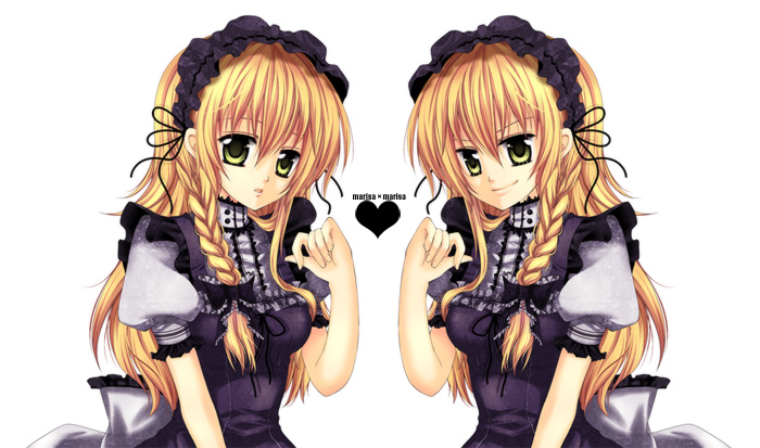 mikazuki sara, kirisame marisa, touhou, 1girl, blonde hair, female focus, gothic lolita, green eyes, hair ribbon, lolita fashion, long hair, multiple views, ribbon, simple background, time paradox, upper body, white background