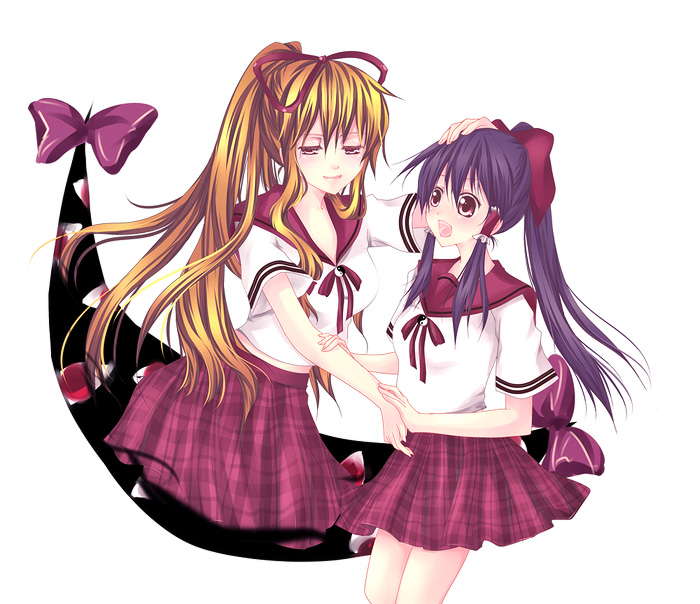 mikazuki sara, hakurei reimu, yakumo yukari, touhou, 2girls, alternate costume, blonde hair, female focus, gap (touhou), multiple girls, plaid clothes, plaid skirt, ribbon, school uniform, serafuku, skirt