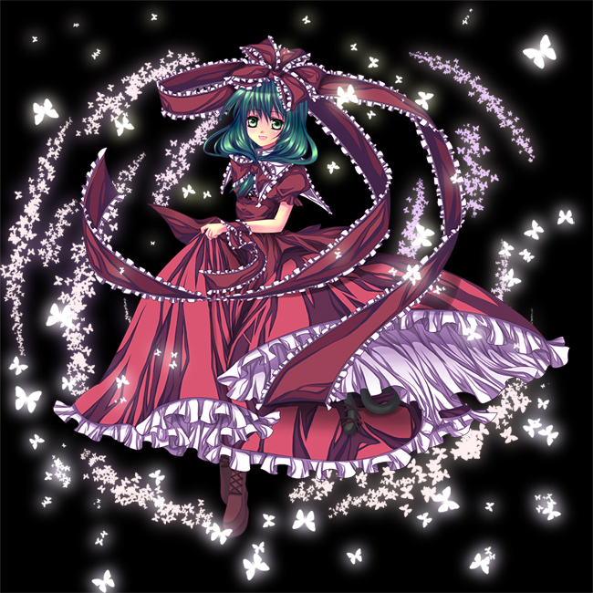 mikazuki sara, kagiyama hina, touhou, 1girl, bow, bug, butterfly, female focus, front ponytail, green eyes, green hair, matching hair/eyes, solo