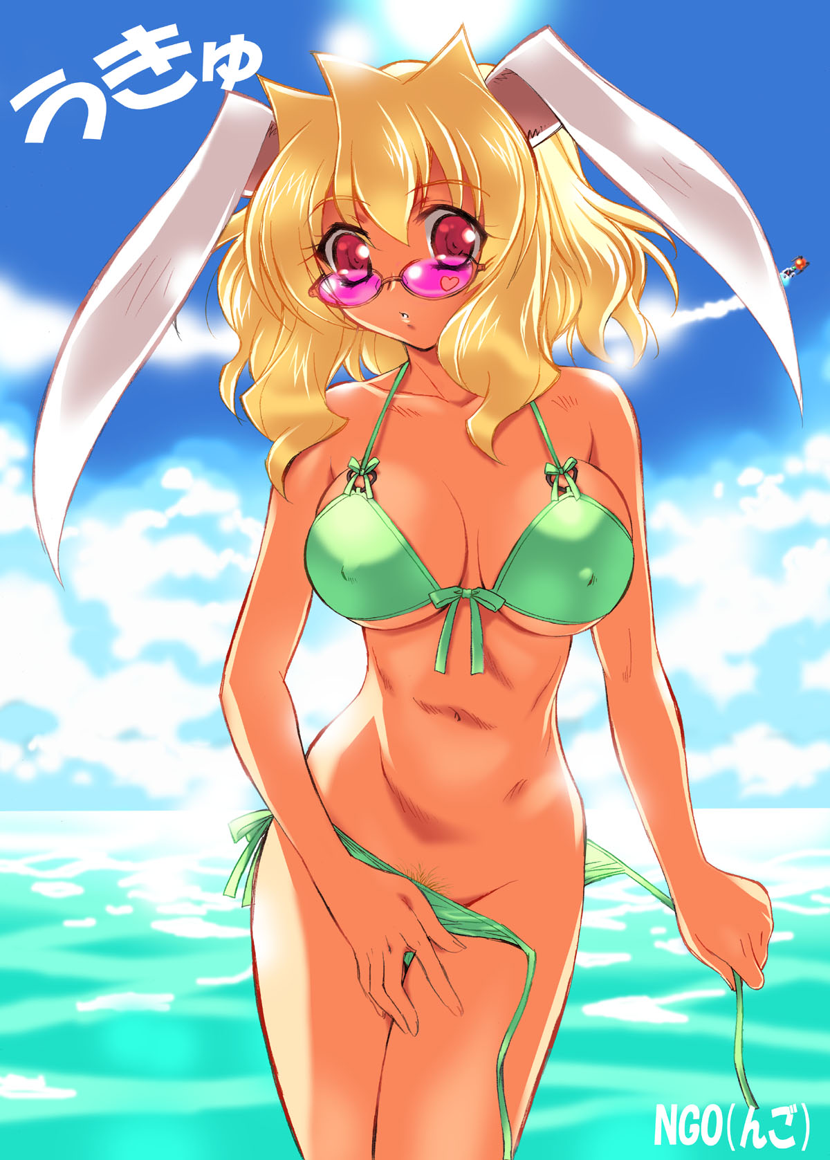 ngo (ngo dandelion), original, highres, non-web source, 1girl, animal ears, bikini, blonde hair, breasts, cloud, covered erect nipples, day, female focus, female pubic hair, green bikini, large breasts, medium hair, pubic hair, rabbit ears, red eyes, side-tie bikini bottom, sky, solo, sunglasses, swimsuit, water