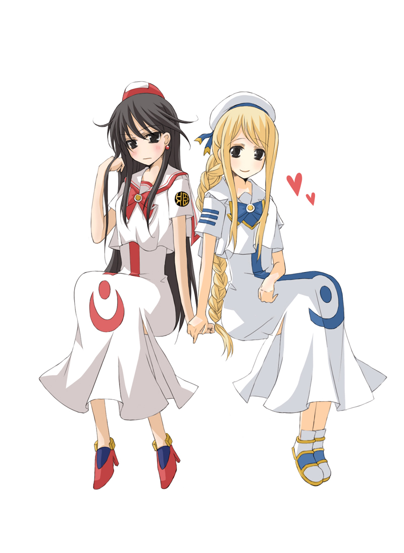 kanata (pixiv), kanata (sentiment), akira ferrari, alicia florence, aria (manga), 00s, 2girls, black eyes, blonde hair, blouse, blush, bow, braid, brown hair, couple, dress, earrings, hat, heart, high heels, holding hands, jewelry, long hair, multiple girls, no nose, ponytail, shirt, shoes, sitting, very long hair, white shirt, yuri