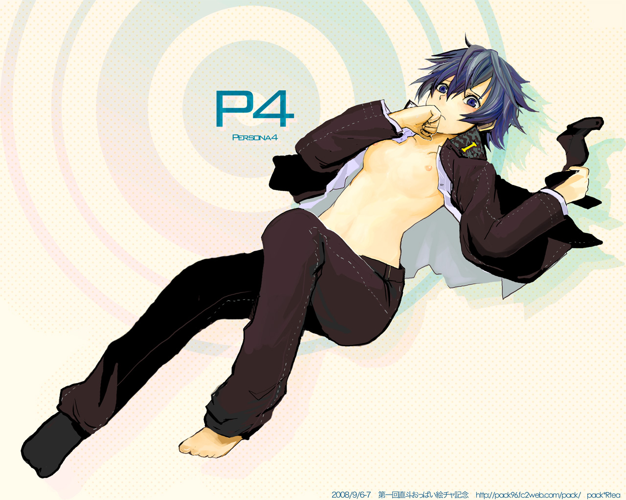 maguchimo, shirogane naoto, atlus, persona, persona 4, bad id, bad pixiv id, 1girl, androgynous, barefoot, blue eyes, blue hair, blush, breasts, female focus, flat chest, lying, matching hair/eyes, open clothes, open shirt, reverse trap, shirt, short hair, socks, solo