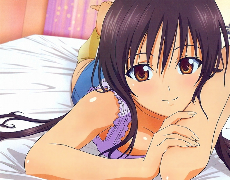 kotegawa yui, to love-ru, lossy-lossless, non-web source, scan, 00s, 1girl, arm support, bed, bed sheet, black hair, breasts, breasts squeezed together, female focus, indoors, long hair, lying, on stomach, orange eyes, smile, solo