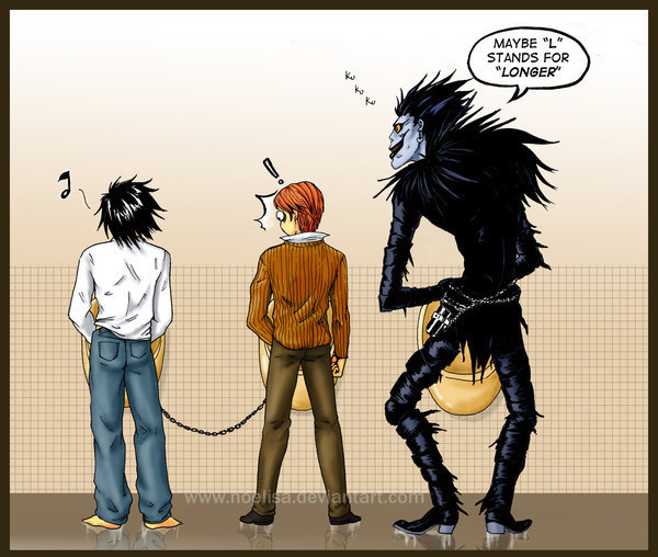 l (death note), ryuk, yagami light, death note, !, 00s, 3boys, black hair, brown hair, chain, indoors, jeans, long sleeves, male focus, multiple boys, musical note, peeing, speech bubble, surprised, urinal, watermark, what