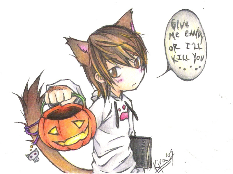 yagami light, death note, 00s, animal ears, blush, book, frown, halloween, hood, hoodie, pumpkin, tail