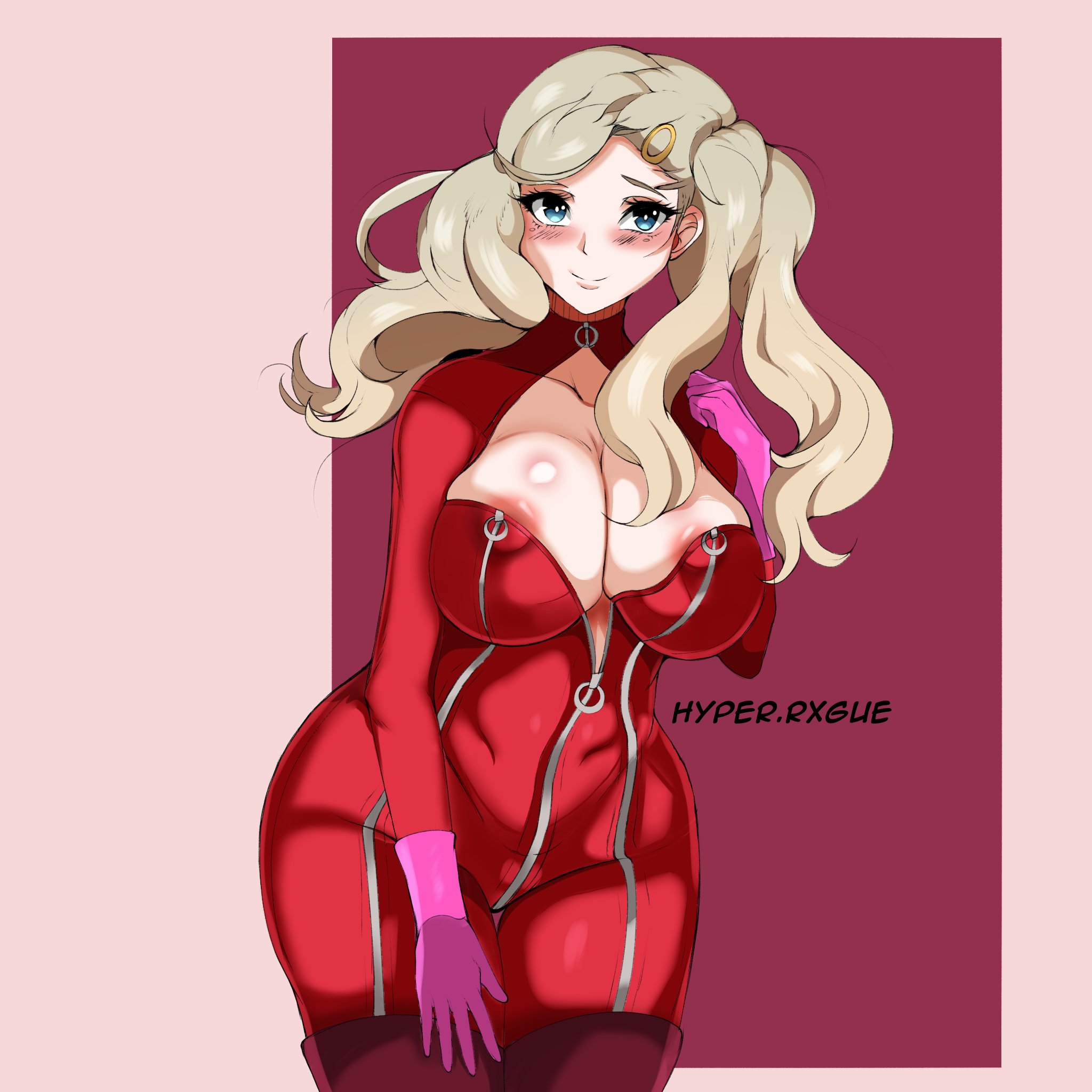 hyperrxgue, takamaki anne, atlus, persona, persona 5, 1girl, artist name, blonde hair, blue eyes, bodysuit, breasts, cleavage, cleavage cutout, clothing cutout, collarbone, covered collarbone, female focus, gloves, hair ornament, large breasts, looking at viewer, pink gloves, red bodysuit, skin tight, smile, solo, twintails