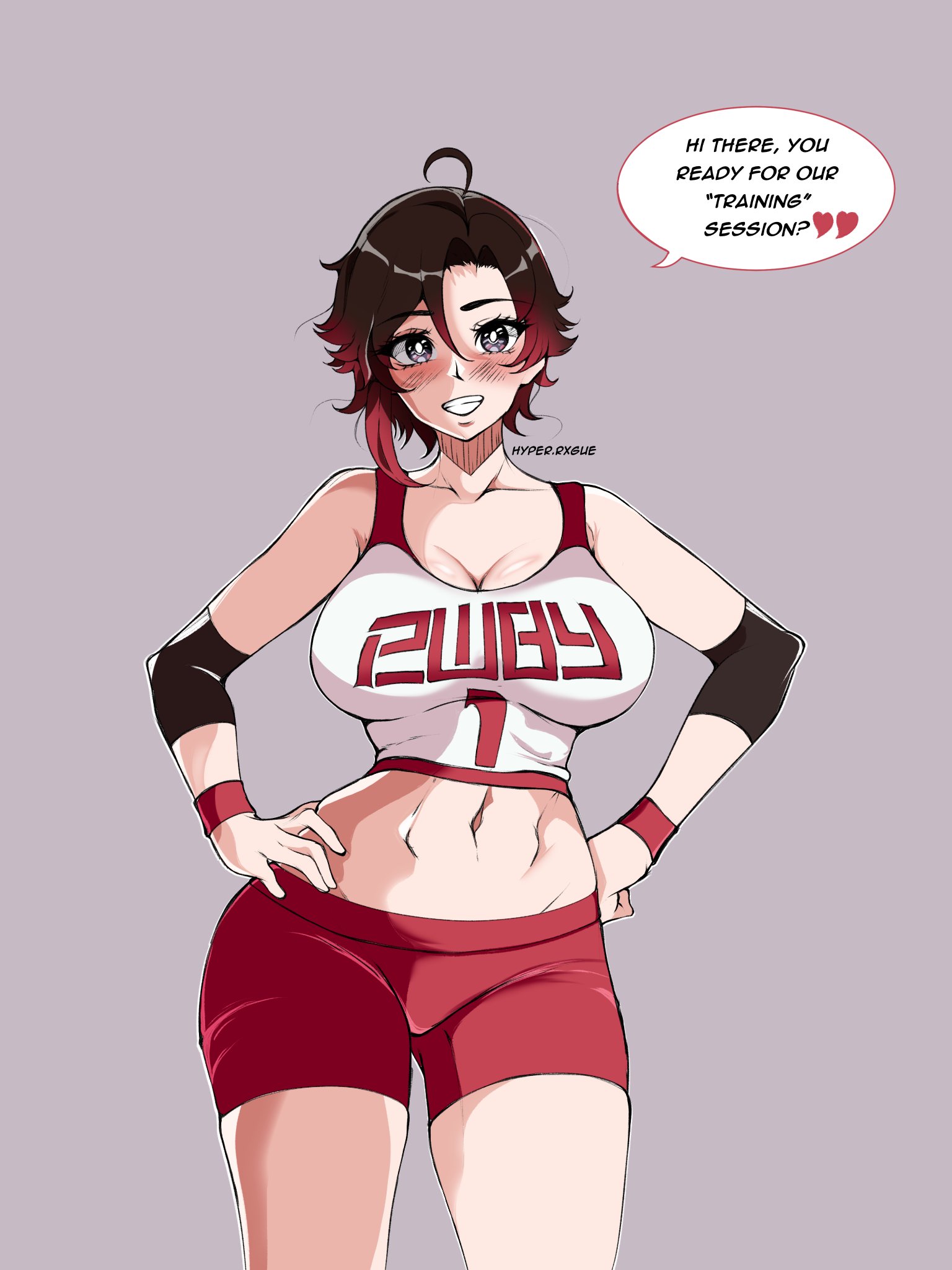hyperrxgue, ruby rose, rwby, highres, 1girl, artist name, bare shoulders, black hair, breasts, cleavage, grey background, hands on own hips, large breasts, multicolored hair, red hair, red shorts, short hair, shorts, sportswear, two-tone hair