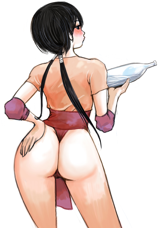 kazaana, 1girl, ass, black hair, blush, bottle, elbow pads, female focus, hand on own ass, long hair, solo, twintails