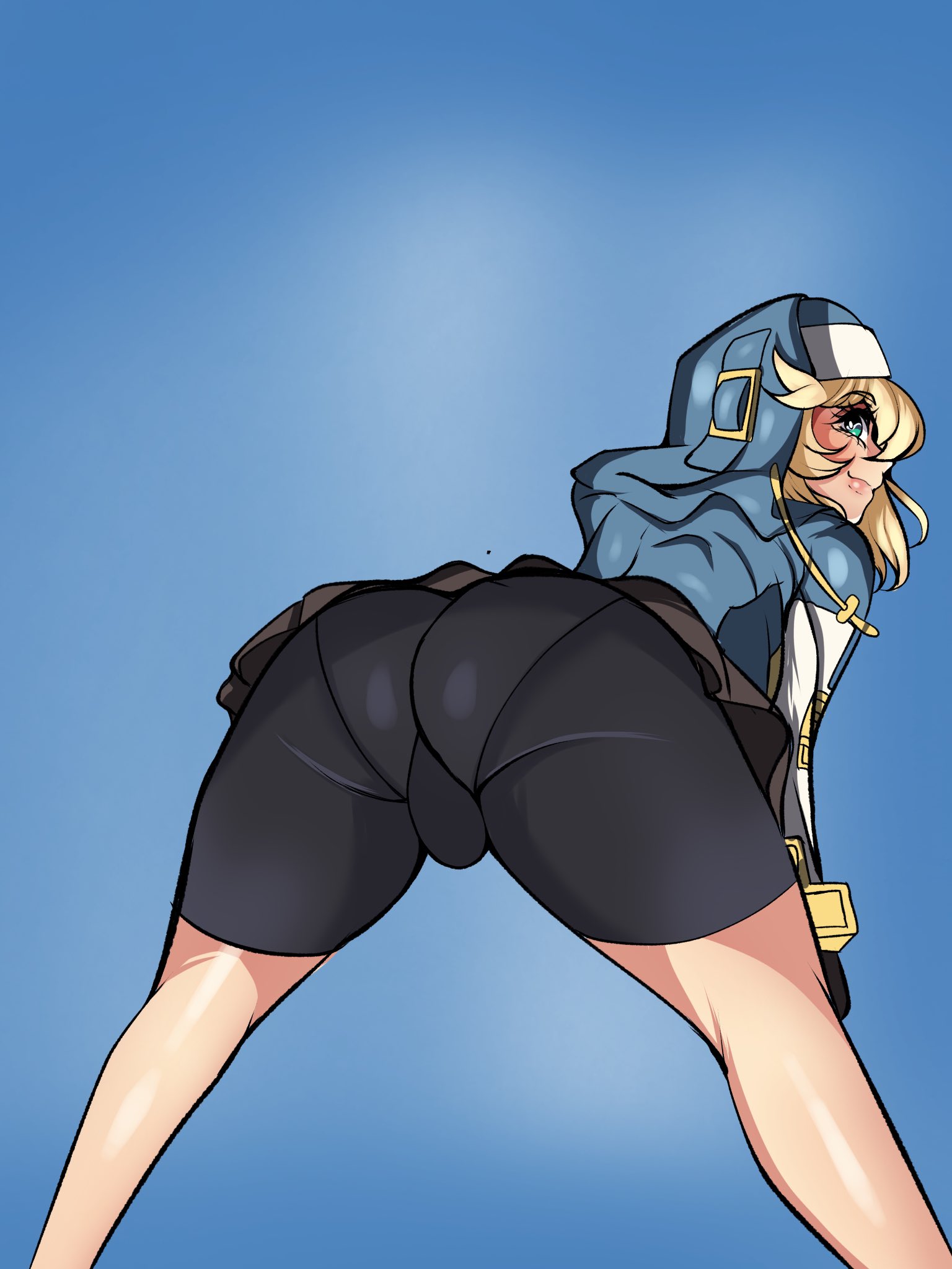hyperrxgue, bridget (guilty gear), guilty gear, guilty gear strive, highres, 1boy, ass, bike shorts, bike shorts under skirt, black shorts, black skirt, blonde hair, blue eyes, bulge, closed mouth, hood, hood up, hooded jacket, jacket, looking back, male focus, shorts, skirt, smile, solo, trap