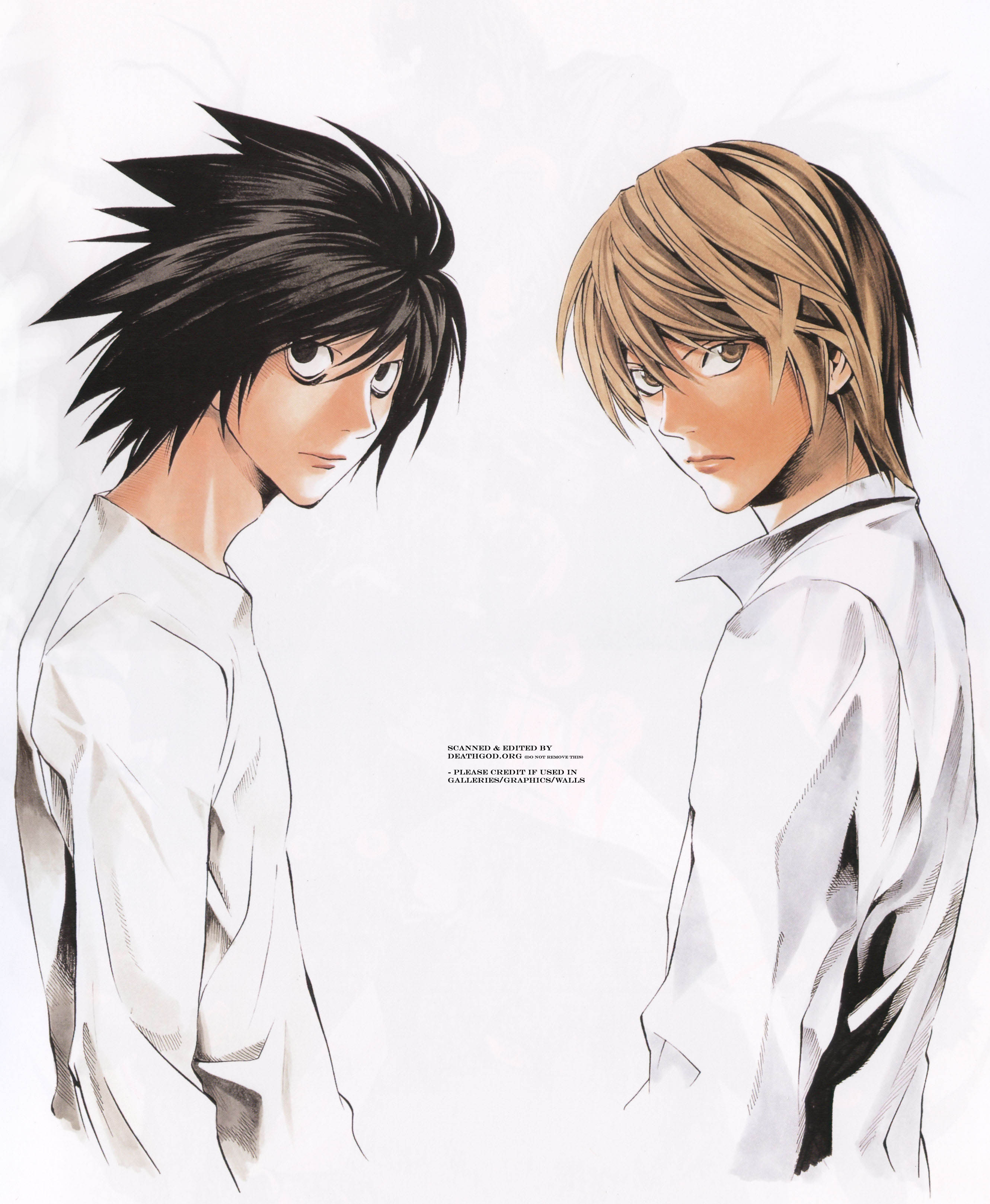 l (death note), yagami light, death note, absurdres, highres, scan, 00s, black eyes, black hair, brown eyes, brown hair, looking at viewer