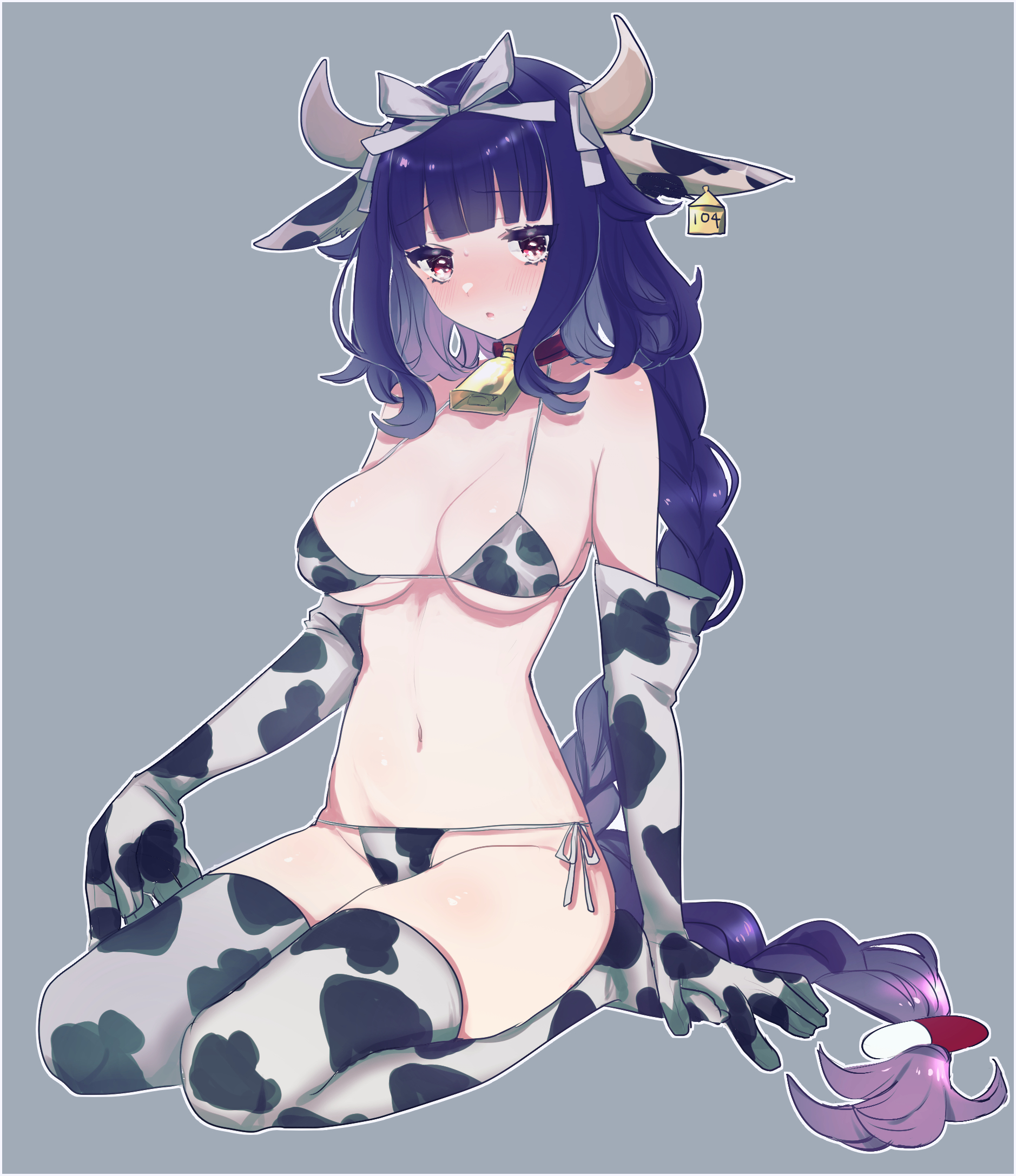 eurasia (wtp09ptw14), character request, commentary request, copyright request, highres, 1girl, animal ears, animal print, bell, bikini, blunt bangs, blush, braid, braided ponytail, breasts, cleavage, cow ears, cow horns, cow print, cow print bikini, cow print gloves, cow print thighhighs, cowbell, ear tag, elbow gloves, fake animal ears, fake horns, full body, gloves, grey background, hair ribbon, horns, large breasts, long hair, looking at viewer, neck bell, parted lips, print bikini, print gloves, print thighhighs, purple hair, red eyes, ribbon, simple background, sitting, solo, swimsuit, thighhighs, very long hair, white ribbon