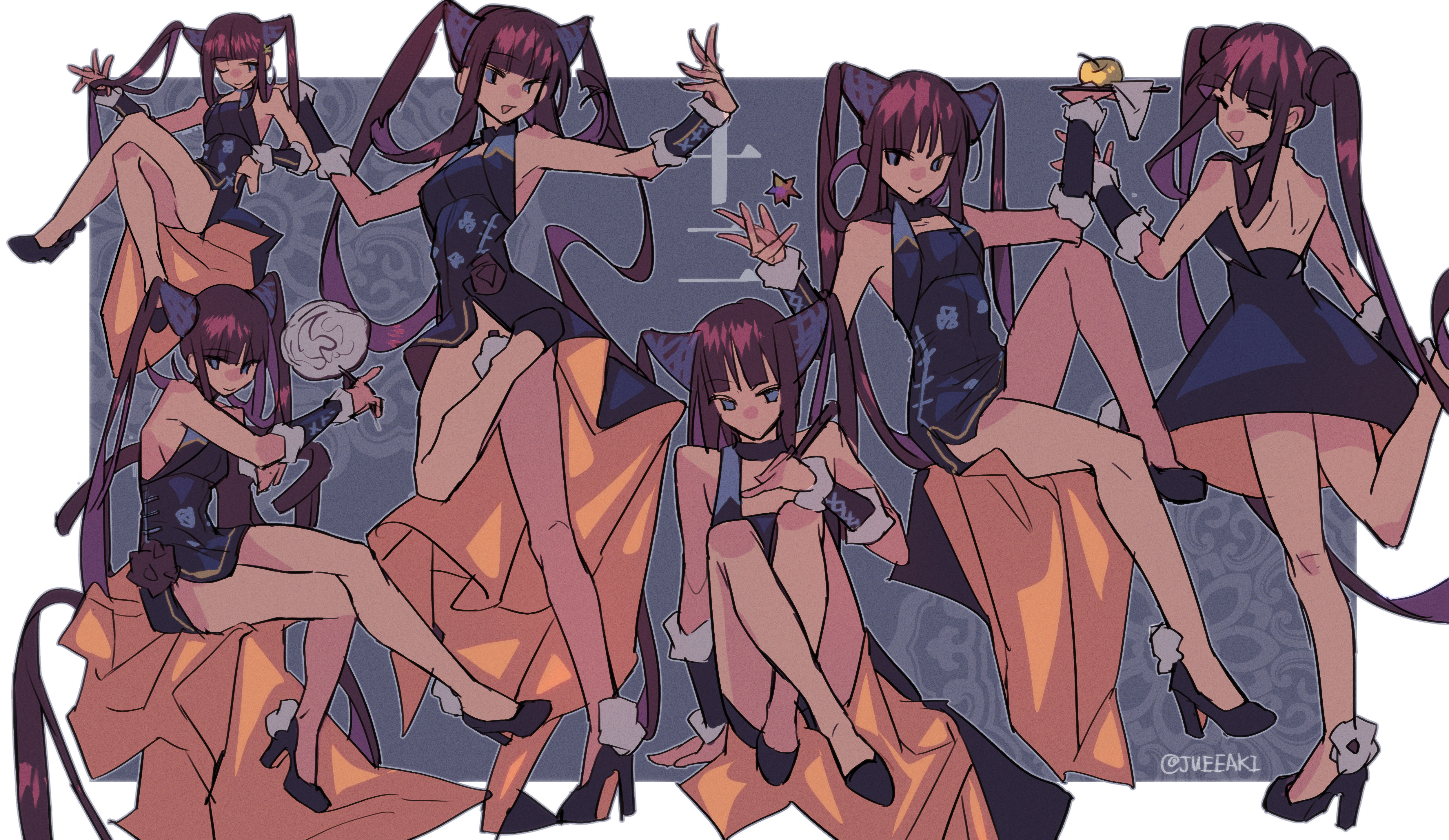 eeju, yang guifei (fate), fate/grand order, fate (series), absurdres, commentary request, highres, 1girl, apple, black dress, black shoes, blue eyes, crossed ankles, dress, food, fruit, golden apple, high heels, long hair, looking at viewer, looking back, multiple views, open mouth, purple hair, shoes, sitting, smile, standing, standing on one leg, twintails, very long hair