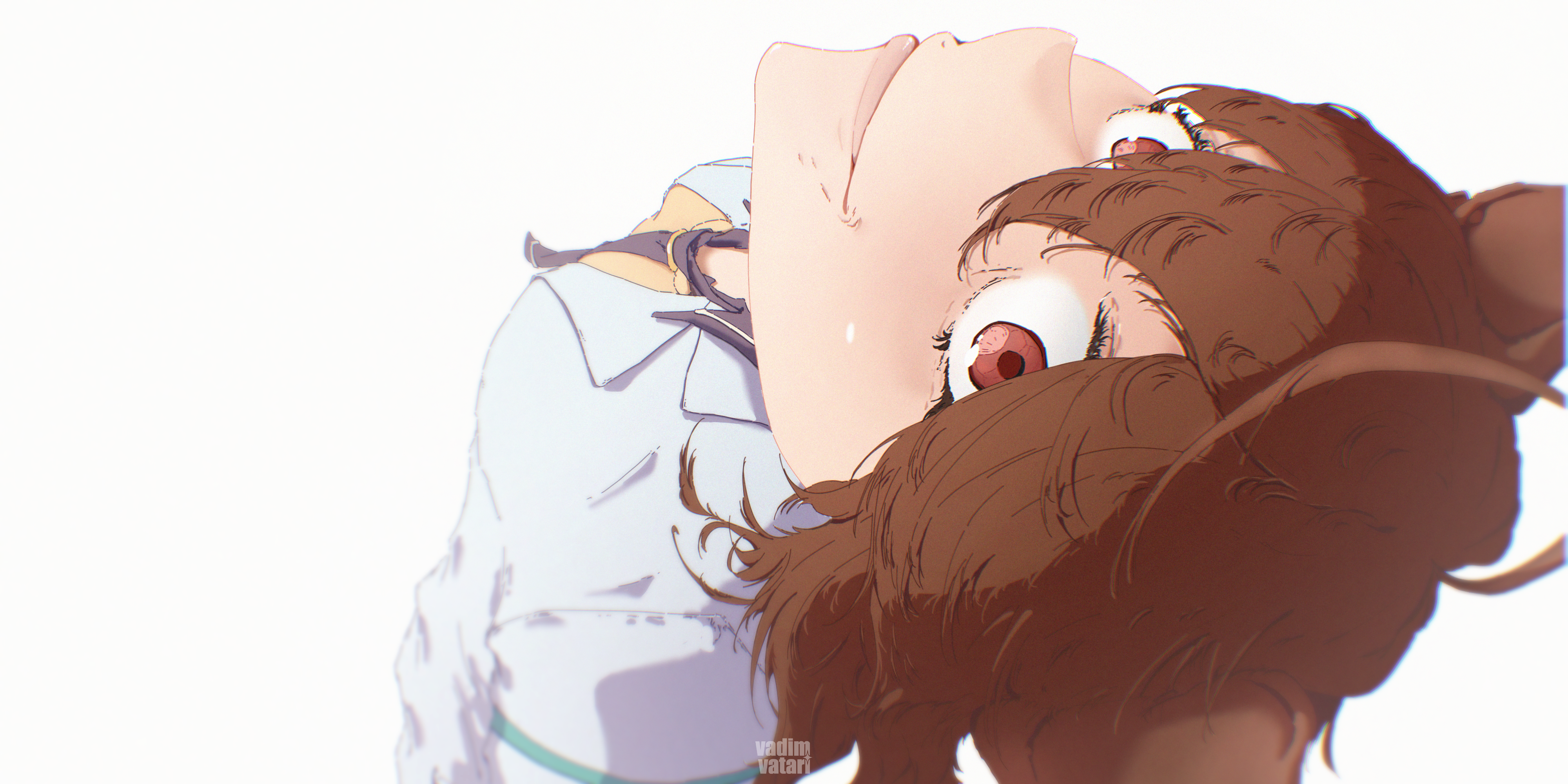agnes tachyon (umamusume), umamusume, absurdres, highres, 1girl, animal ears, blue necktie, blush, brown hair, closed mouth, crazy eyes, crazy smile, hair between eyes, horse ears, horse girl, lab coat, medium hair, necktie, red eyes, shirt, smile, solo, vadimvatari, yellow shirt