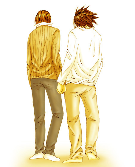 l (death note), yagami light, death note, 00s, 2boys, barefoot, blonde hair, brown hair, holding hands, multiple boys, socks, yaoi