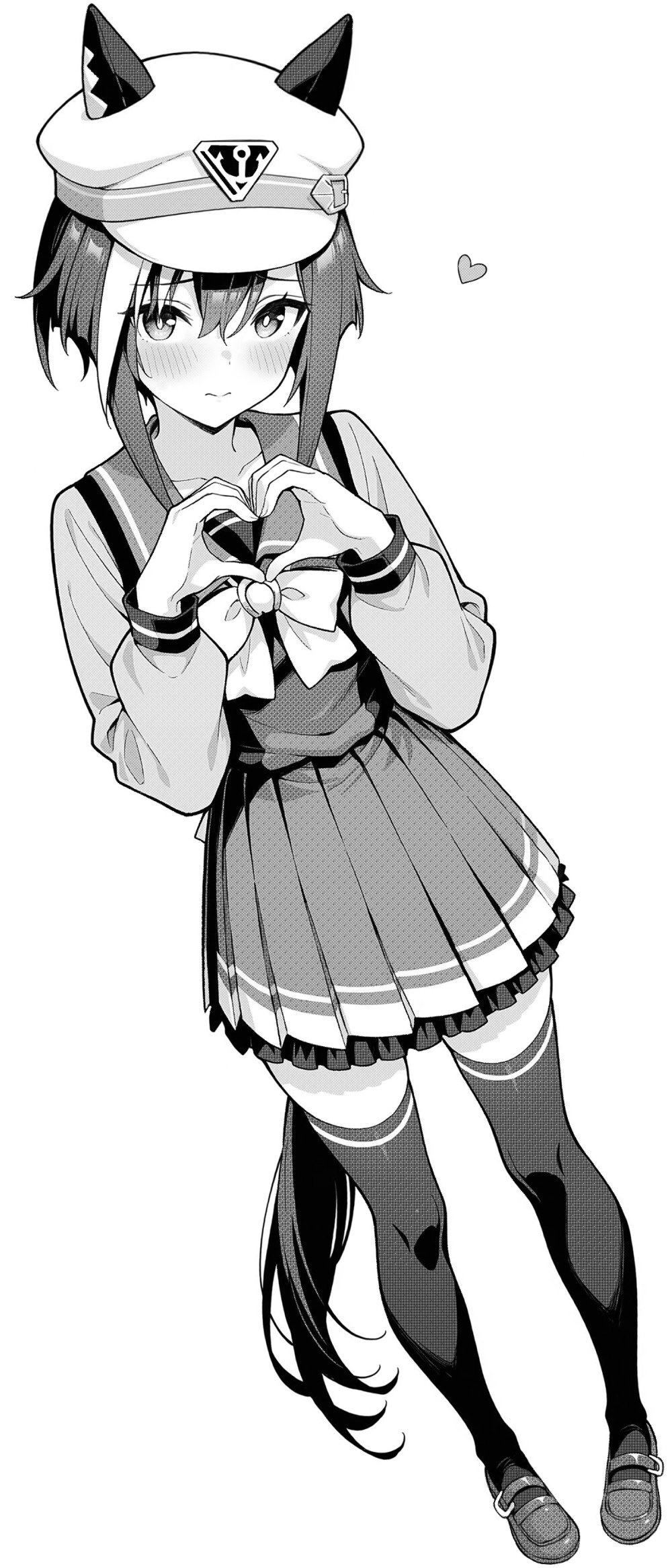 akagi koku, cheval grand (umamusume), umamusume, highres, 1girl, animal ears, blush, bow, closed mouth, ears through headwear, greyscale, hair between eyes, heart, heart hands, horse ears, horse girl, horse tail, long sleeves, looking at viewer, monochrome, pleated skirt, sailor collar, school uniform, shoes, short hair, skirt, solo, tail, thighhighs, tracen school uniform, zettai ryouiki