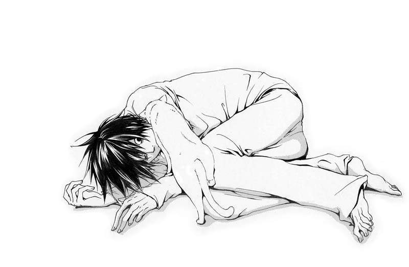 l (death note), death note, 00s, barefoot, cat, lying, monochrome