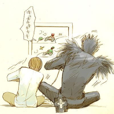 luigi, mario, ryuk, yagami light, death note, mario kart, nintendo, super mario bros. 1, lowres, crossover, playing games, sitting, television, video game