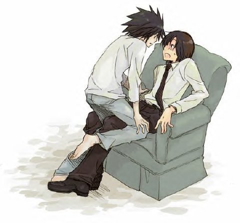 l (death note), matsuda touta, death note, lowres, 00s, barefoot, black hair, brown hair, chair, formal clothes, necktie, open mouth, sitting, straddling, suit, sweat