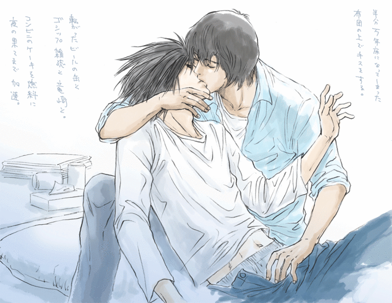 l (death note), matsuda touta, death note, 00s, 2boys, kiss, male focus, multiple boys, yaoi