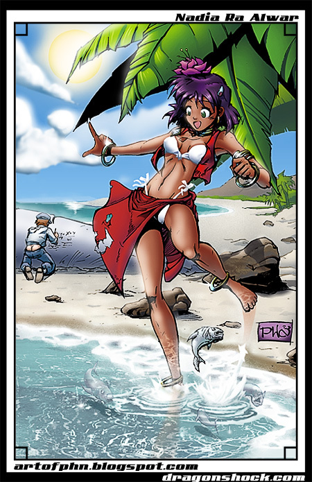 peter huu nguyen, jean roque lartigue, jean roque raltique, nadia la arwall, fushigi no umi no nadia, anklet, barefoot, beach, bikini, bracelet, butt crack, dark skin, feet, fish, flower, green eyes, hair ornament, hairclip, jewelry, loincloth, neck ring, necklace, palm tree, plumbers crack, purple hair, short hair, side-tie bikini bottom, sky, sun, swimsuit, torn clothes, tree, vest, wading, water